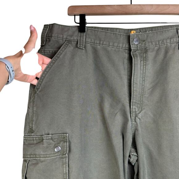 Carhartt Army Green Cargo Relaxed Fit Comfortable Straight Utility Pants Pockets - Picture 5 of 9